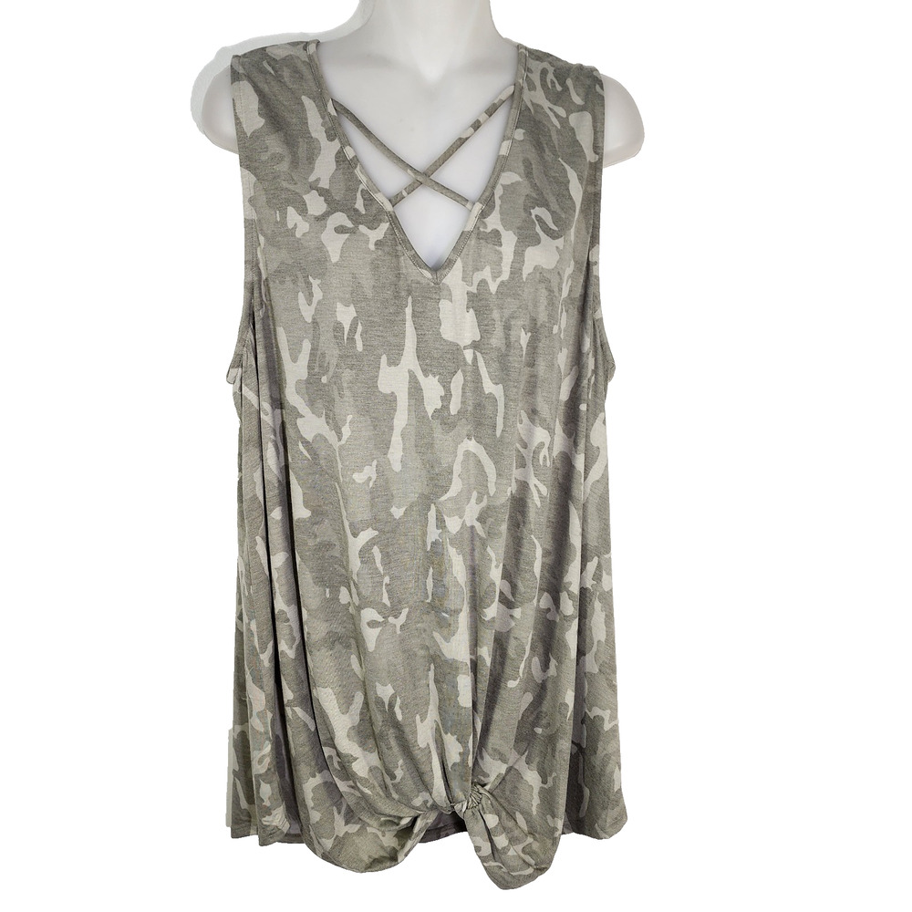 Gee Gee Camo Top Women's Size 1XL Cross Strap Knotted Hem Detail Sleeveless